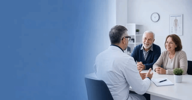Dr. Chiesa en el consultorio conversando con dos pacientes adultos mayores